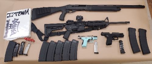 Shotgun-AR15-Tiffani Blue Handgun-Black Handgun-Magazines-Ammo-Gang Indicia