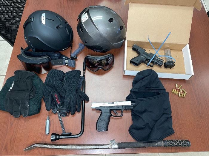 Black Tactical Helmets-Black Gloves-Black Ski Mask-Two Handguns-Crobar